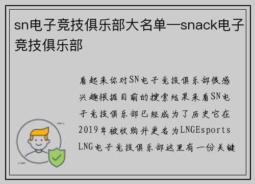 sn电子竞技俱乐部大名单—snack电子竞技俱乐部