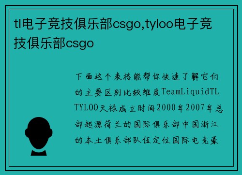 tl电子竞技俱乐部csgo,tyloo电子竞技俱乐部csgo