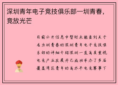 深圳青年电子竞技俱乐部—圳青春，竞放光芒
