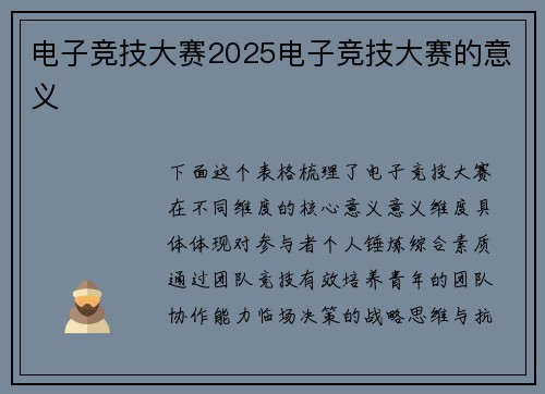 电子竞技大赛2025电子竞技大赛的意义